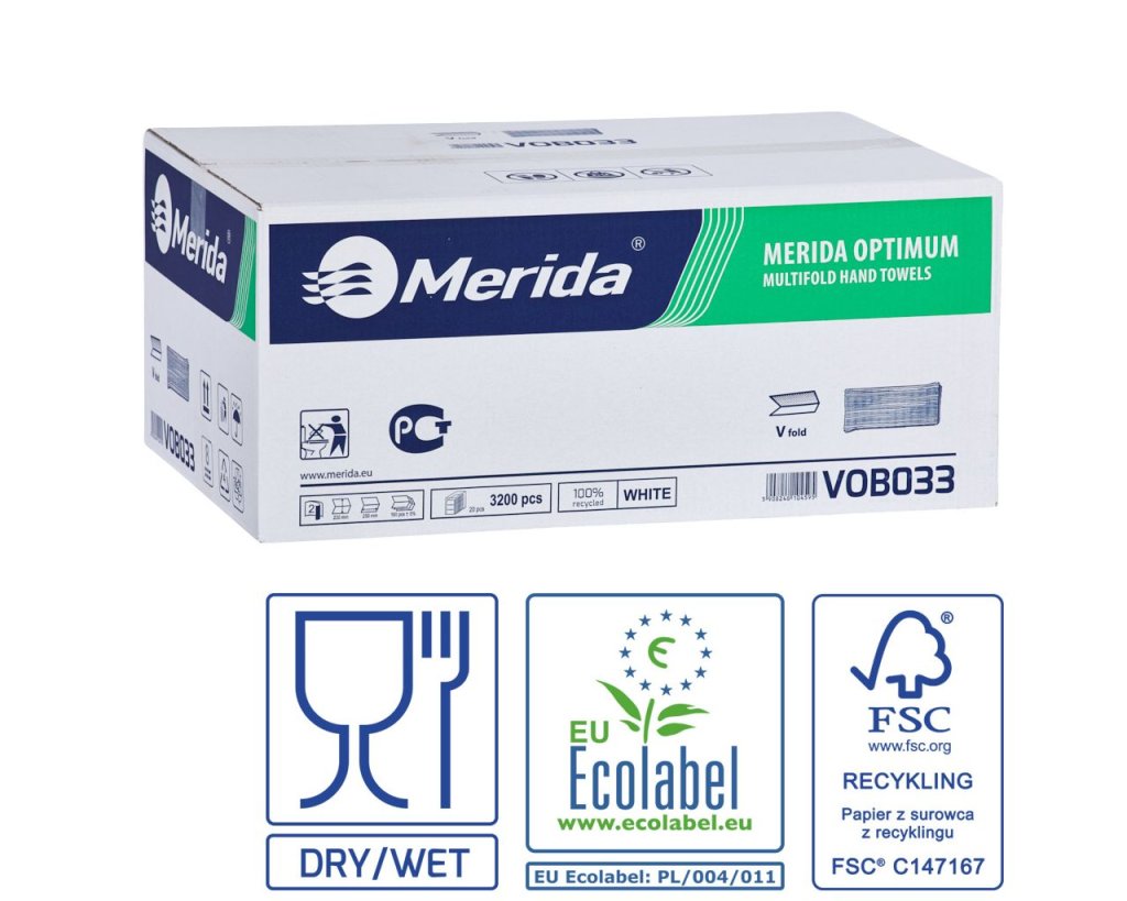 Merida VOB033 - Jednotlivé papírové ručníky skládané OPTIMUM, 2-vrst., 3200 ks / karton,/dříve PZ33