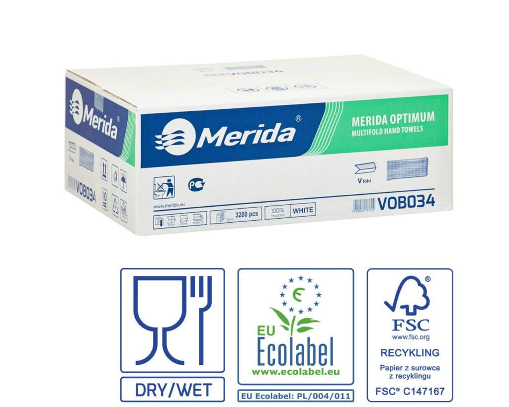 Merida VOB034 - Jednotlivé papírové ručníky skládané OPTIMUM, bílé, 2-vrst., 23 x 21cm, 3200 ks / ka